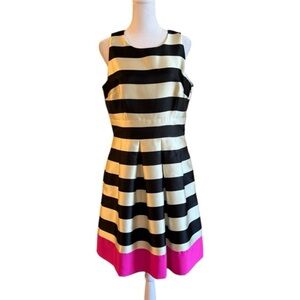 ELIZA J Striped Crepe Black & White Fit & Flare Dress Pink Stripe Size 10